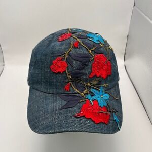 Dream Control Denim Baseball Cap Floral Red Blue Rhinestone Embellished One Size